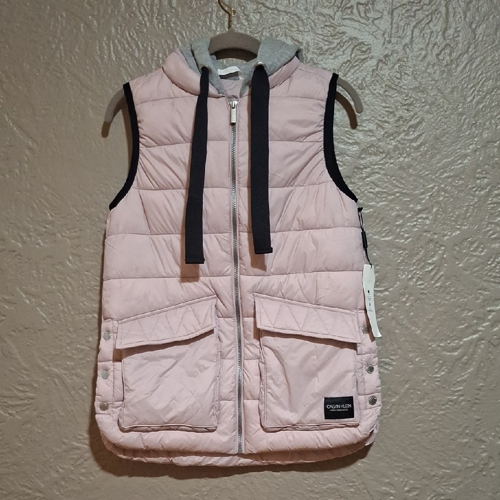 NEW.Calvin Klein Women's Light Pink Quilted Vest with Gray Hood Size XS - Picture 2 of 10